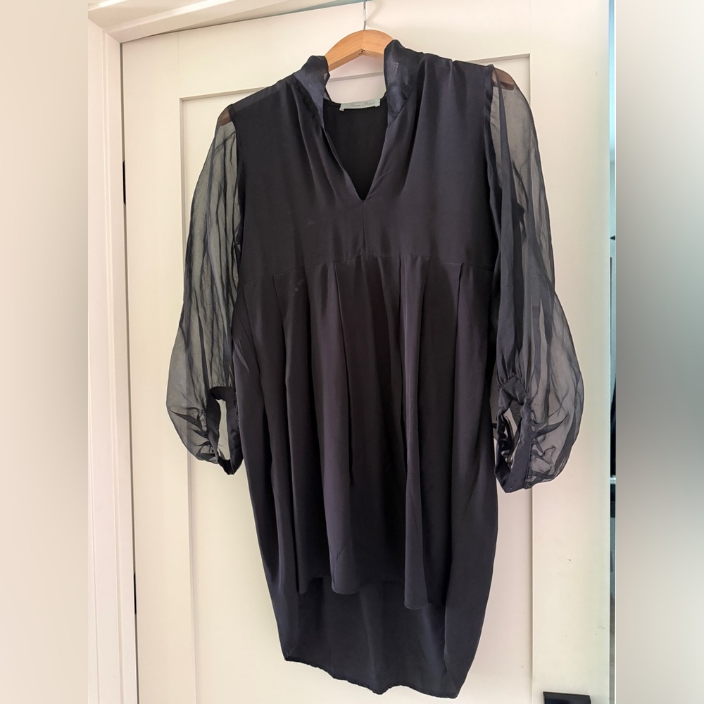 Geren Ford 100% silk Black mini dress with Sheer Sleeves